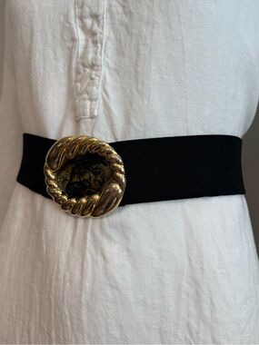 Vintage Nan Lewis Black Stretch Belt Gold Enamel Statement Buckle